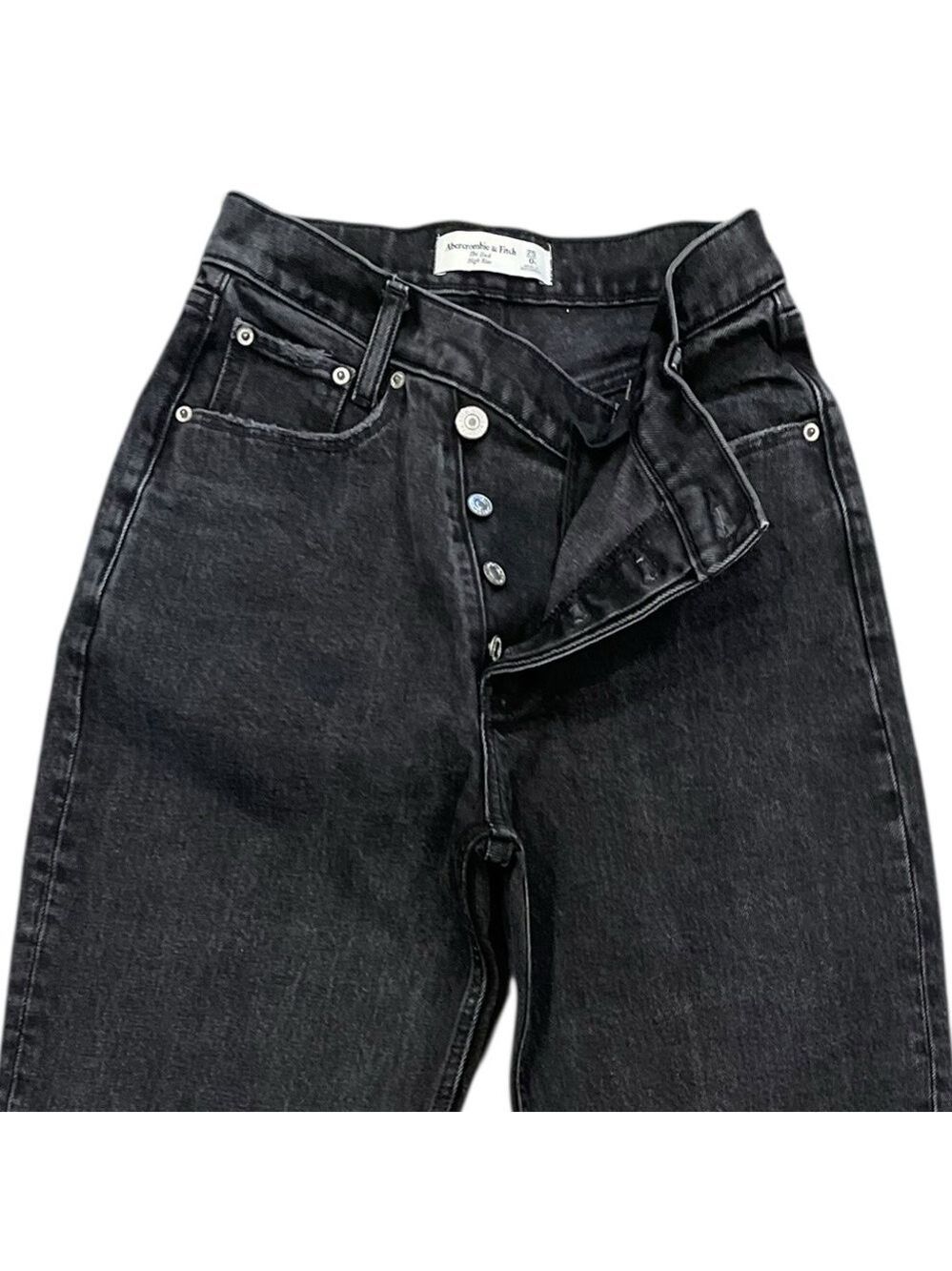 High Rise Straight Leg Black Jeans Frayed Hem Y2K Model Off Duty 25
